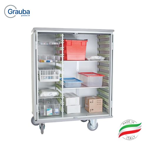 Alvi Modulschrankwagen 3150CR für Spital und Pflege, Leichtmetall (AlMg3) mit flexiblen Schienen für ISO-Module, 2 Edelstahlböden, abschliessbare Türen, hygienisch und robust, mobil auf grossen Rollen für effiziente Kliniklogistik.