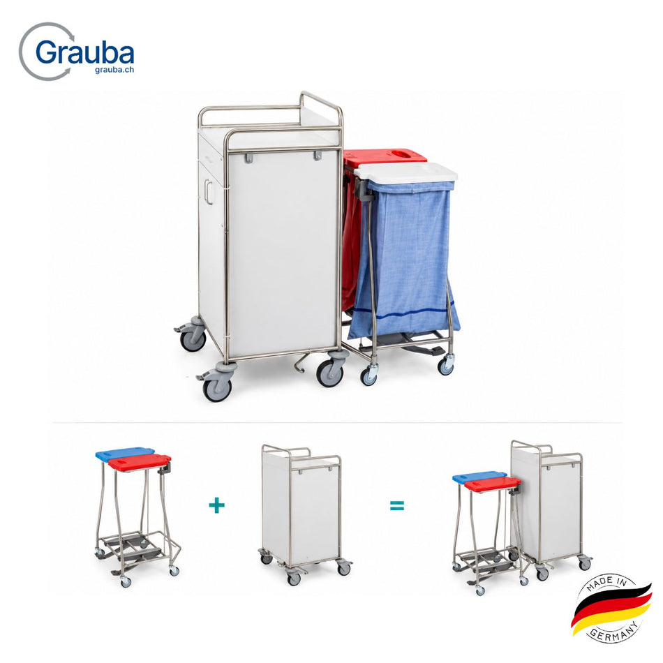 Hammerlit koppelbarer Etagenwagen mit Wäschesammler aus Edelstahl für Spitäler, Kliniken und Pflegeheime