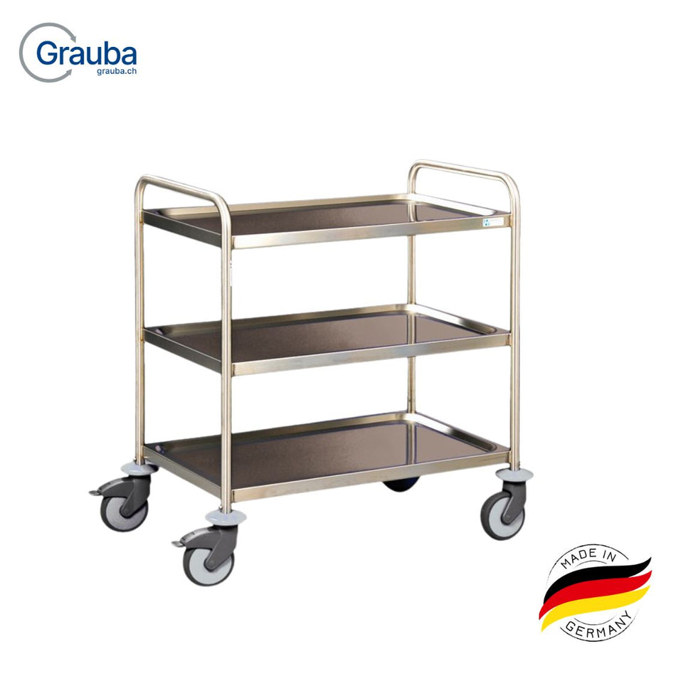 Hammerlit Mehrzweckwagen aus Edelstahl für Spital und Pflege, verschweisste hygienische Ausführung mit 4 Fachböden (800x500 mm, je 40 kg Tragkraft), ideal für Klinik- und Stationslogistik, mobil auf 4 Lenkrollen mit Doppelstopp, leise und spurlos im täglichen Einsatz.