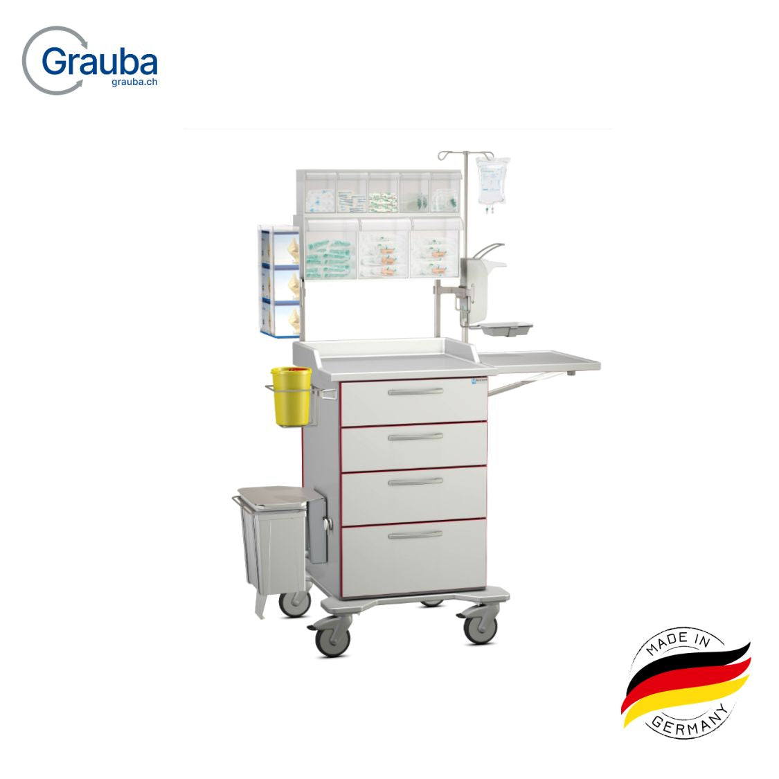 Hammerlit Blutentnahmewagen (680 x 669 x 986 mm) mit 4 Schubladen, seitlich abklappbarer Arbeitsplatte und optionalem Zubehör wie Abfallsammler, Kanülenbehälter und Desinfektionsspender.