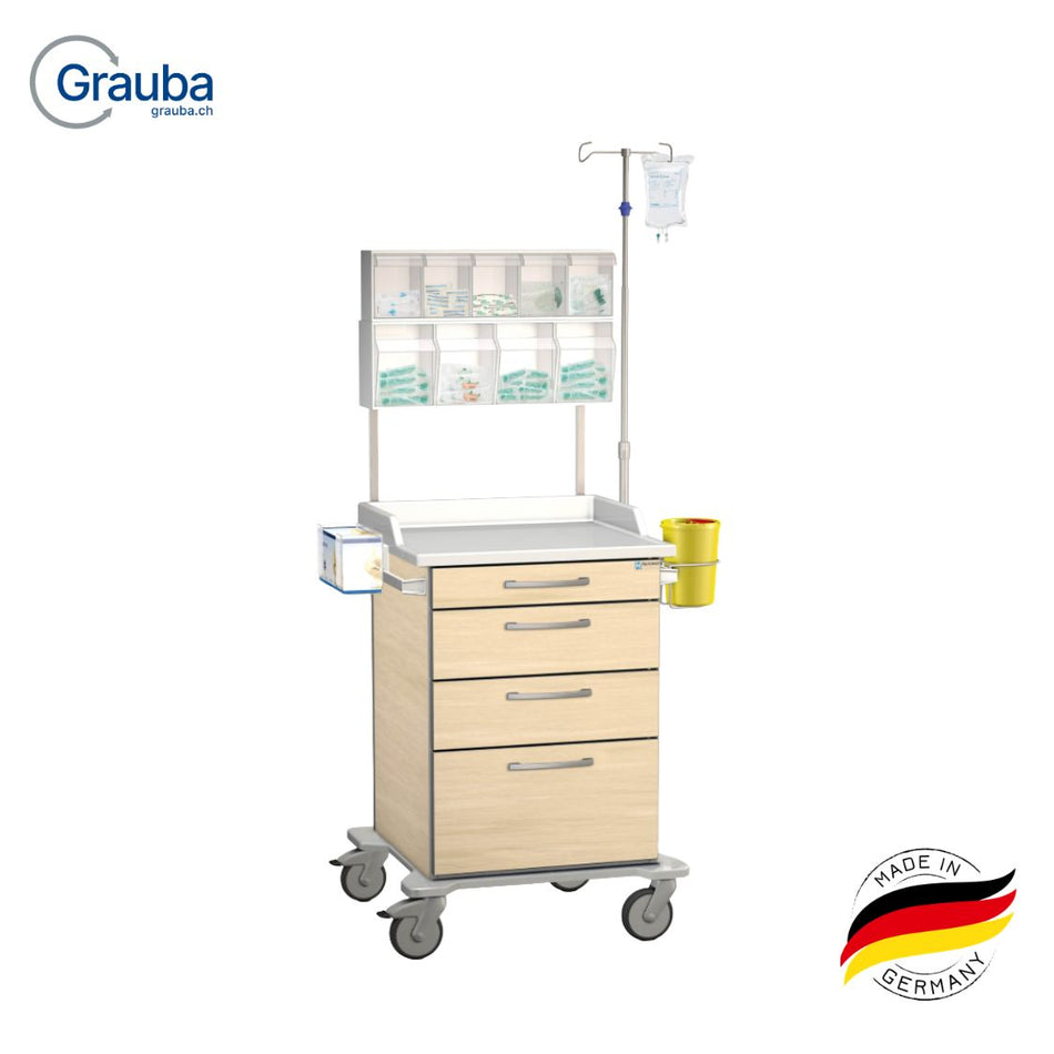 Hammerlit Infusionswagen für Spital und Pflege, mobiler Medikamenten- und Infusionswagen mit 4 Schubladen (verschiedene Höhen), übersichtlicher Stauraum für Klinikbedarf, robustes Design in Wildbirne/Metallic Silber, erweiterbar mit Zubehör – ideal für effiziente Stations- und Krankenhauslogistik.