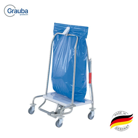 Hammerlit Abfallsammler Clappy aus Edelstahl mit Klappring für 70 Liter Säcke, fahrbarer Müllsammler mit Tretmechanismus, Bremsfunktion und 4 Rollen für Klinik und Pflege