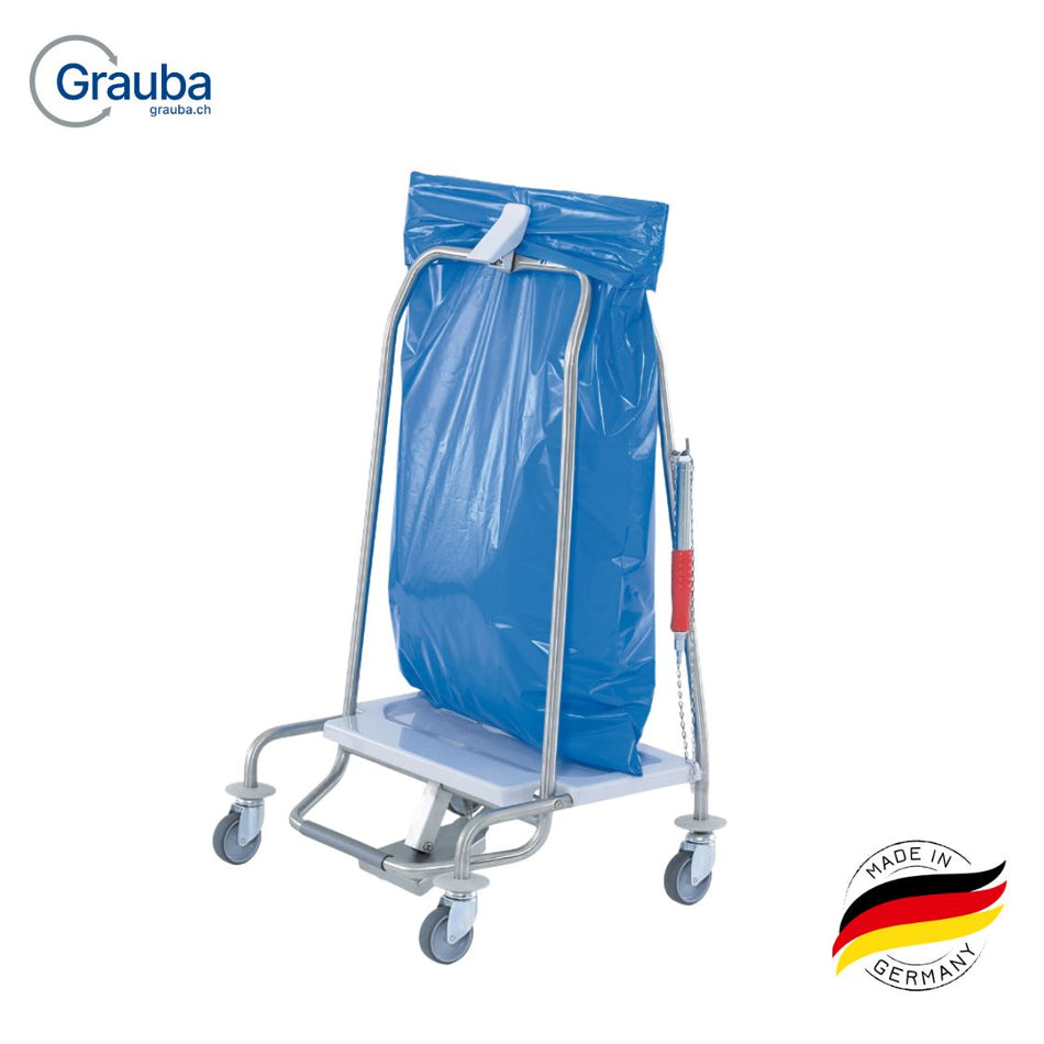 Hammerlit Abfallsammler Clappy aus Edelstahl mit Klappring für 70 Liter Säcke, fahrbarer Müllsammler mit Tretmechanismus, Bremsfunktion und 4 Rollen für Klinik und Pflege