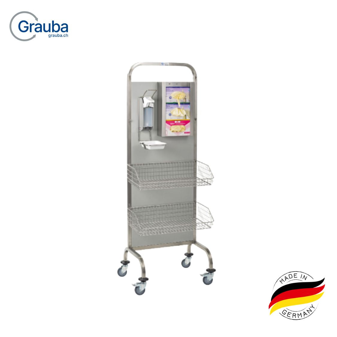 Fahrbares Hygienecenter HKW4 aus Edelstahl mit Rückwand, 4 Hakenpaaren und 4 Lenkrollen, mobiler Halter für Sterilgutkörbe und Zubehör in Klinik und OP