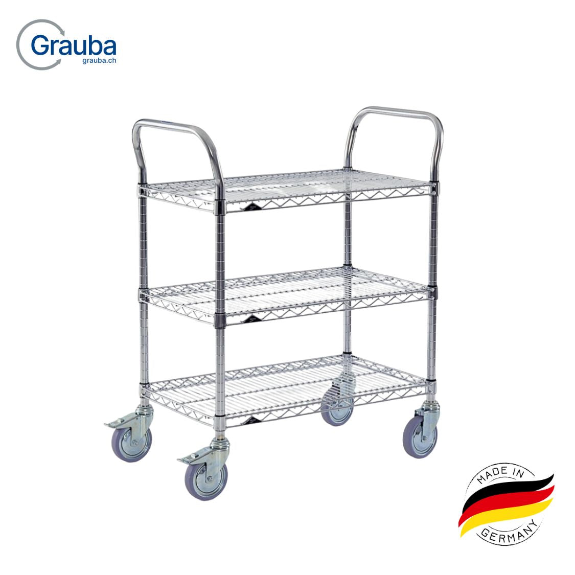 System Super NN Transportwagen, verchromt, mit 3 Gitterfachböden, 2 Wagenbügeln und 4 Lenkrollen (Ø 125 mm, 2 mit Doppelstopp), spurlos.