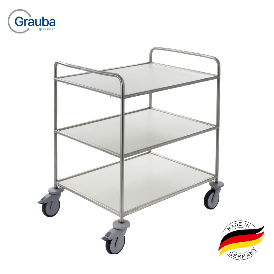 Hammerlit Mehrzweckwagen aus Edelstahl für Spital, Pflege und Klinik, hygienisch verschweisste Konstruktion mit 2 belastbaren Fachböden (bis 80 kg), ideal für Stationslogistik und Materialtransport, mobil auf 4 Lenkrollen mit Doppelstopp, leise, spurlos und robust im täglichen Krankenhausbetrieb