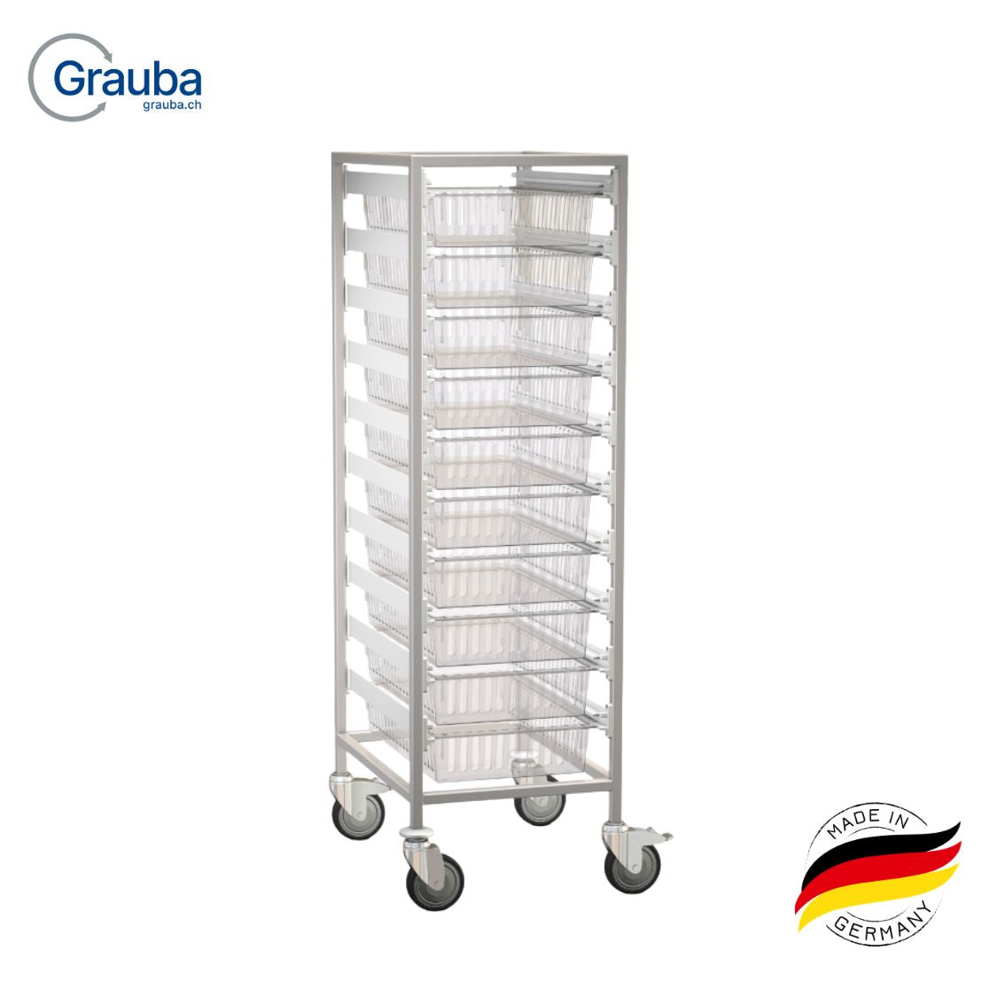Hammerlit Modulkommissionierwagen für Spital und Pflege, Edelstahl, einreihig mit 10 Paar Kunststoffschienen und Stoppfunktion für ISO-Module 400x600x100 mm, hygienisch, mobil auf 4 Lenkrollen (2 mit Doppelstopp), ideal für effiziente Klinik- und Stationslogistik