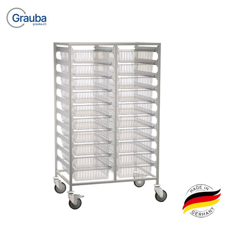 Modulkommissionierwagen zweireihig aus Edelstahl mit 20 Schienenpaaren für ISO-Module, mobiler Kommissionierwagen mit 4 Rollen für Klinik und Logistik