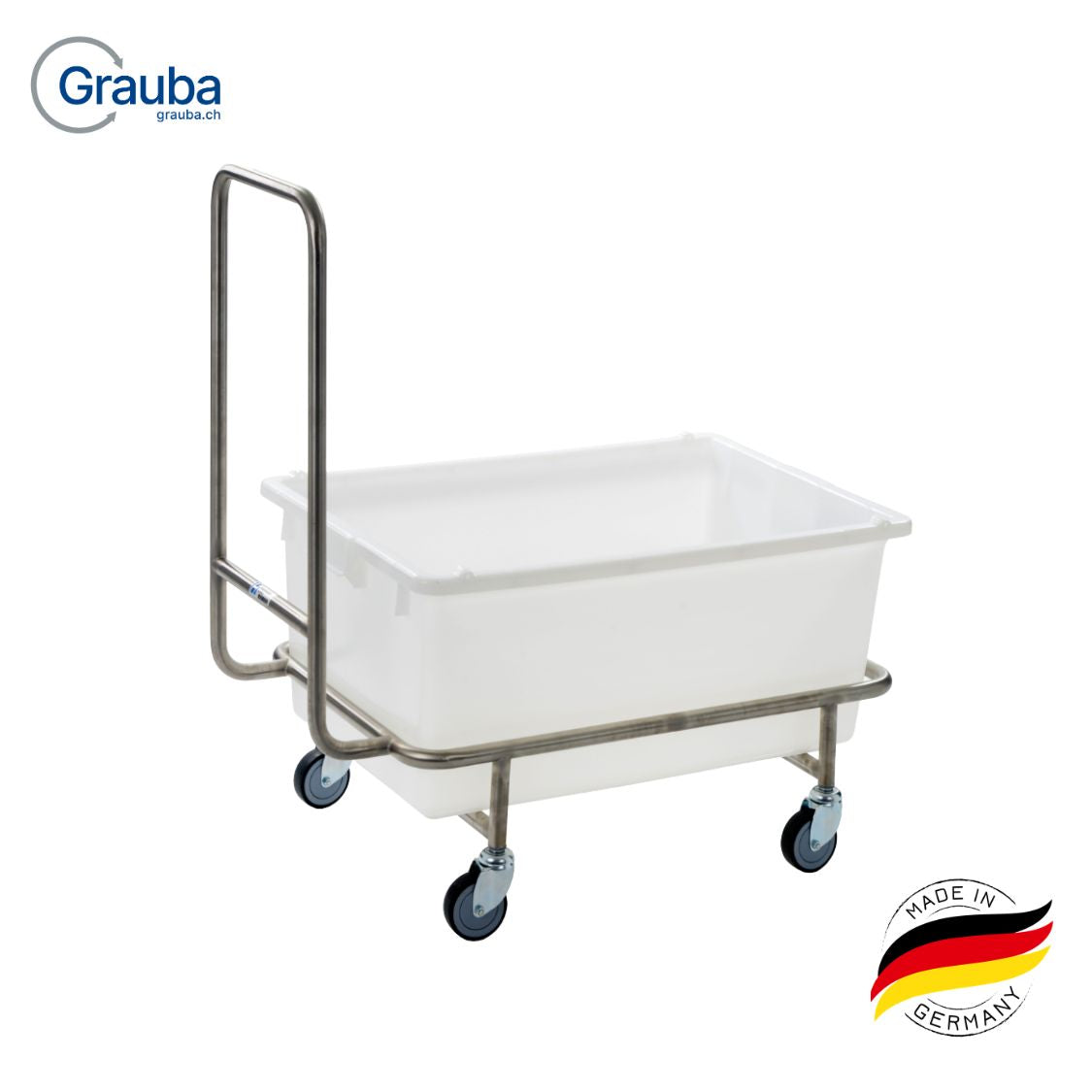 Edelstahlwagen mit 80-Liter-Kunststoffwanne, 4 Lenkrollen (Ø 75 mm), spurloser Vollgummi-Bereifung und stabiler, verzinkter Stahlkonstruktion.