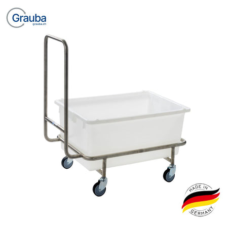 Edelstahlwagen mit 80-Liter-Kunststoffwanne, 4 Lenkrollen (Ø 75 mm), spurloser Vollgummi-Bereifung und stabiler, verzinkter Stahlkonstruktion.