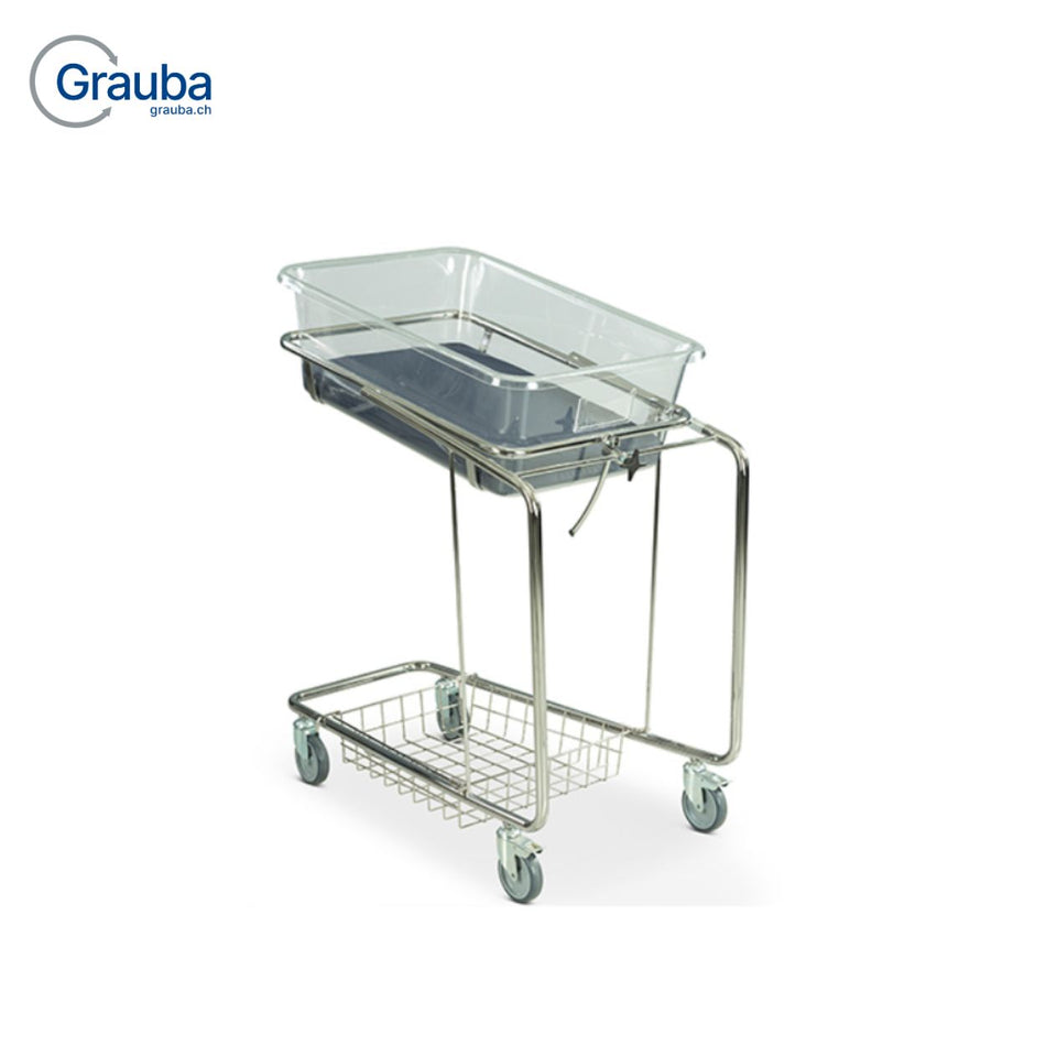 Lojer Baby Crib 381 mobiles Babybett mit transparentem Acrylbettchen, verchromtem Gestell und Rollen.