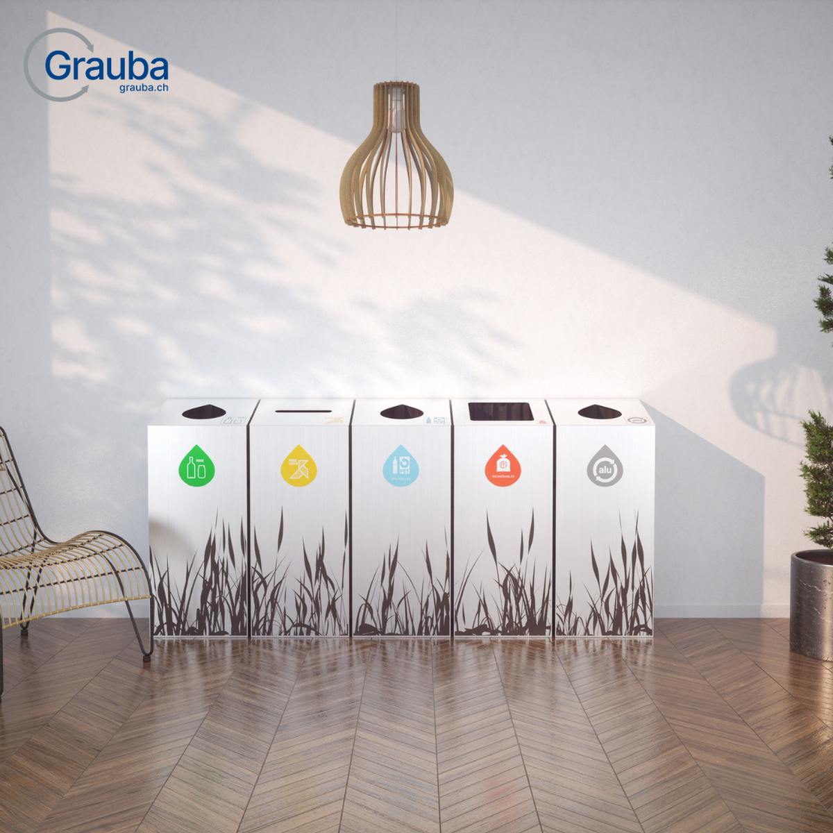 Recyclingstation Aluminium mit Abfallkostem für Papier, Kunststoff und Biomüll in modernem Raumdesign.