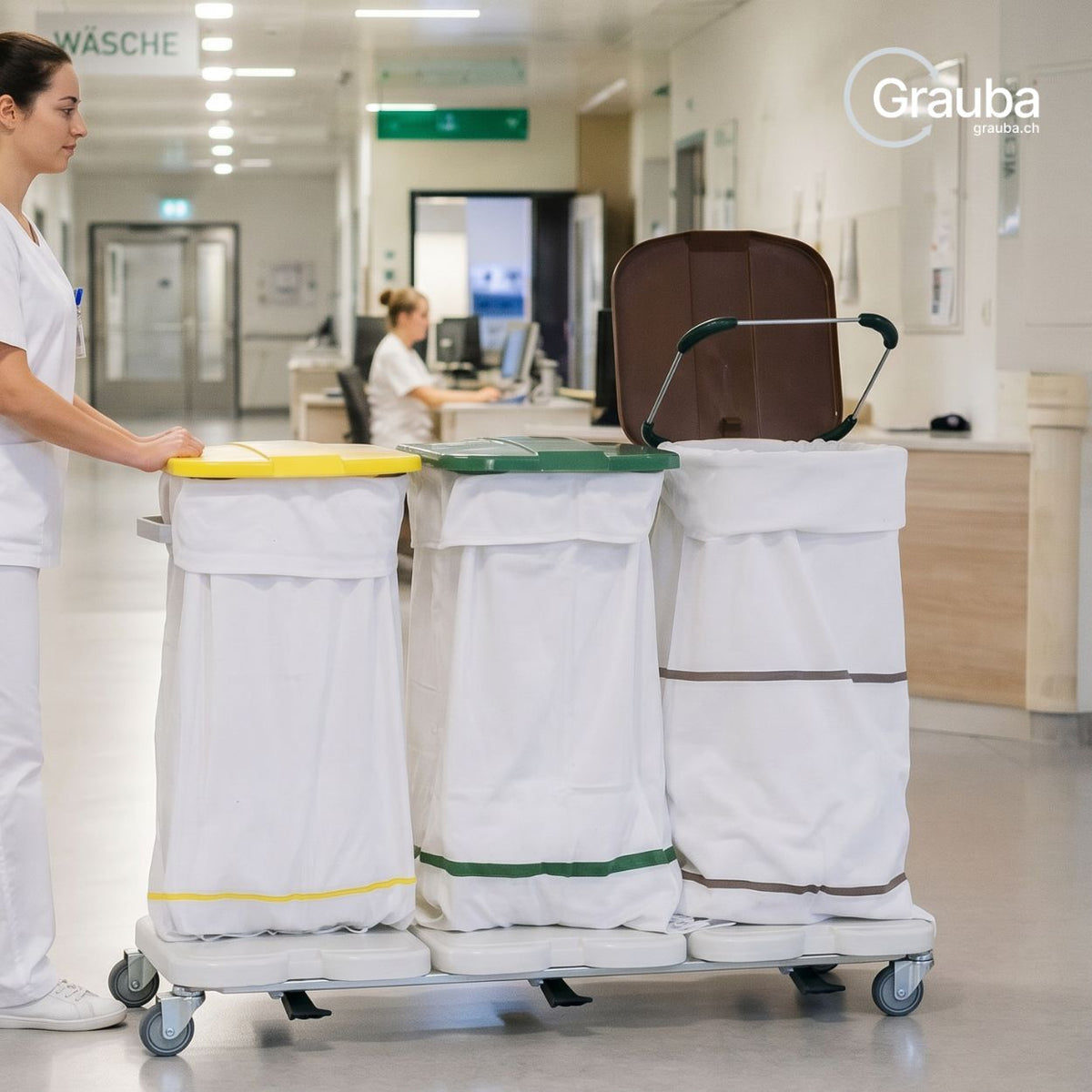 Waeschesammler_und_Abfallsammler_Spital_Krankenhaus_Waescherei_Frau_schiebt_einen_Waeschesammler_Grauba_AG