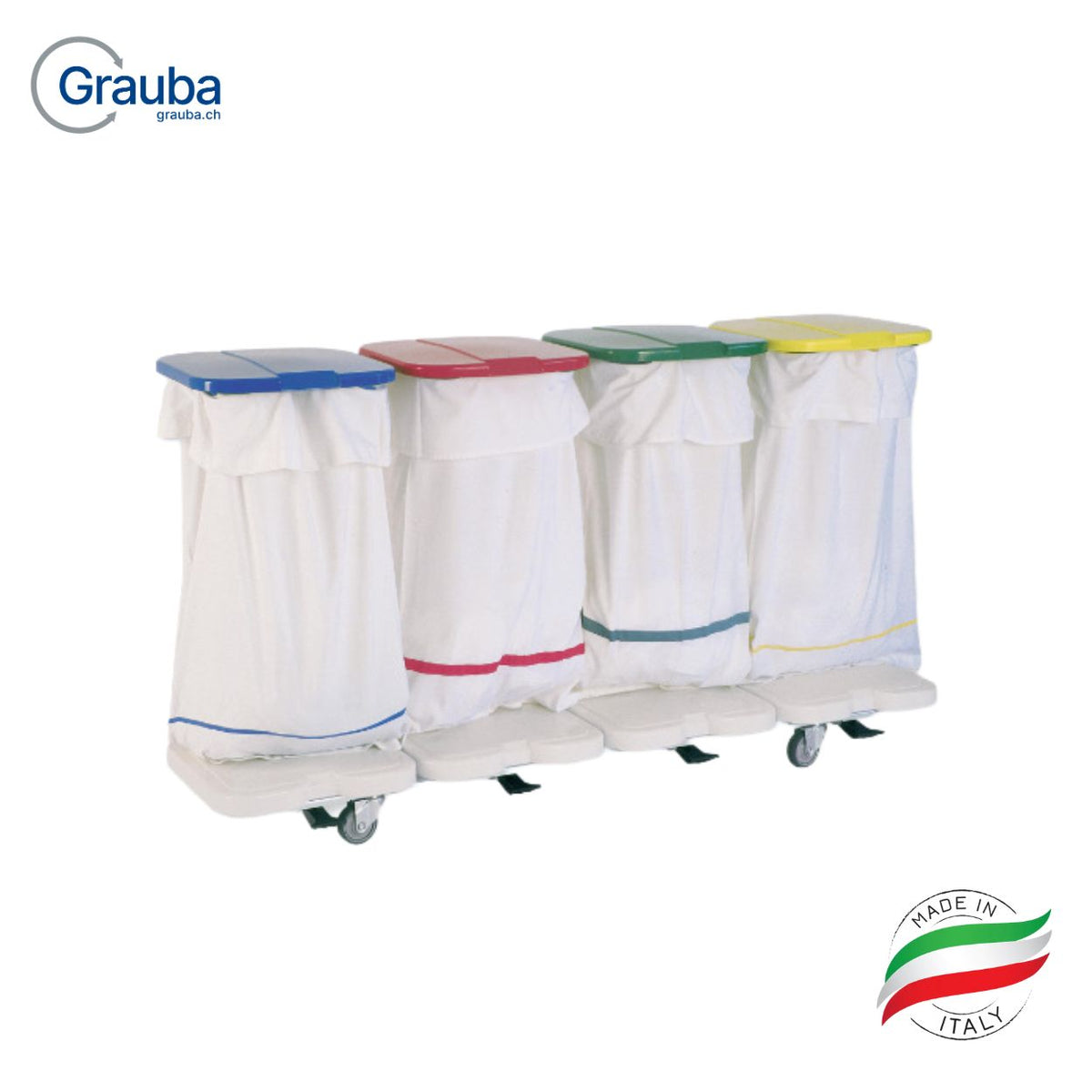 Wäschesammler Aluminium 4-fach Alvi für hygienische Wäsche- und Abfallsammlung in Kliniken und Pflegeeinrichtungen.